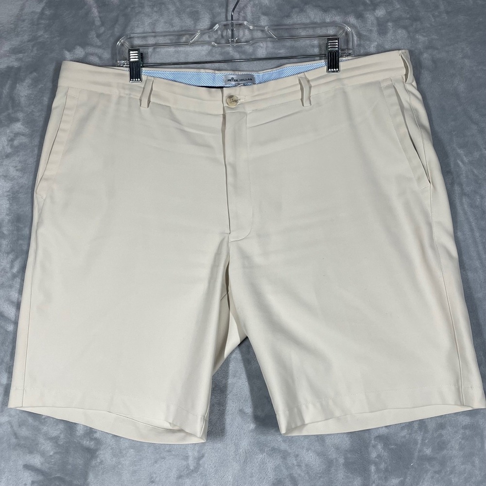 Peter Millar Mens Golf Shorts Beige Flat Front Chino Stretch Size 40
